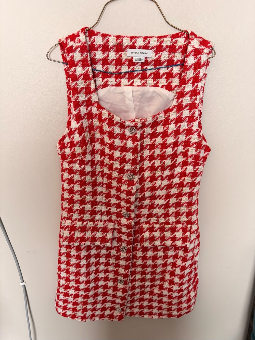 Urban Revivo Red & White Houndstooth Tweed Shift Dress